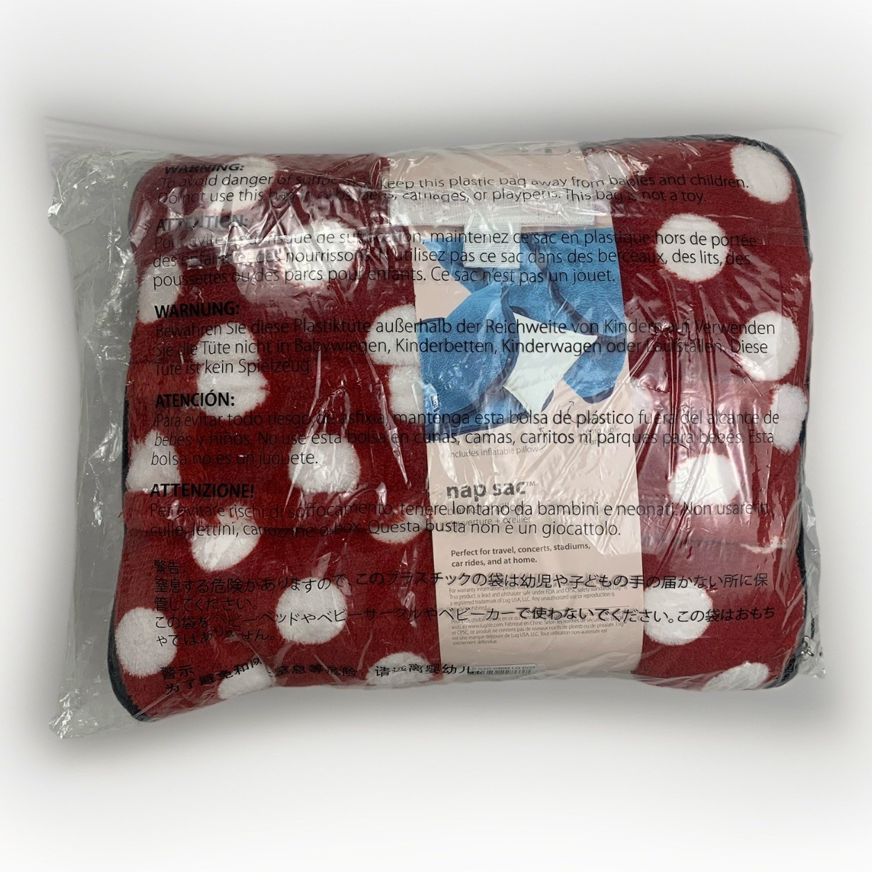 LUG Nap Sac Packable Travel Pillow Blanket Set Red White Polka Dot Minnie NEW