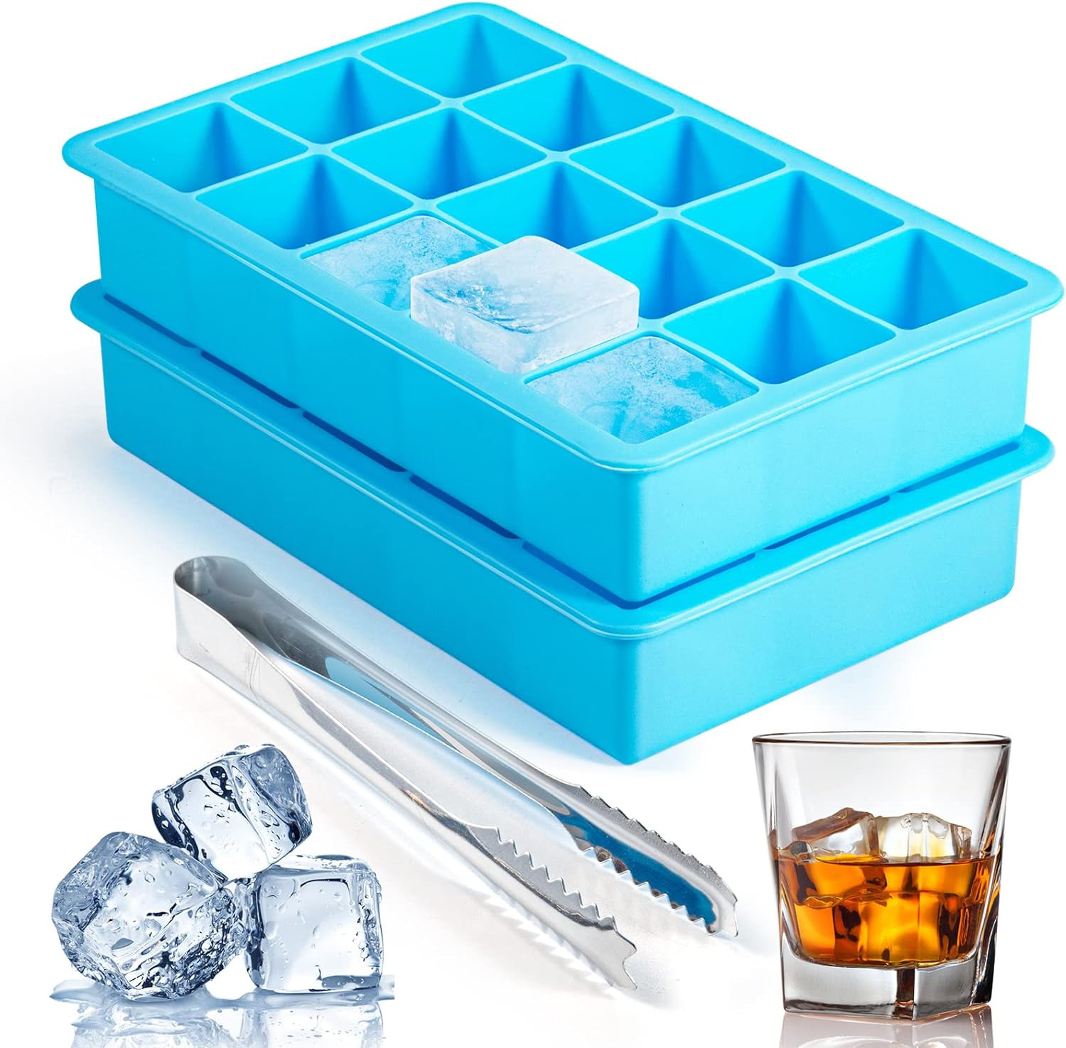 2 Pack Ice Cube Trays,  Silicone Easy Release Flexible Molds 15 Ice Cubes Tray f