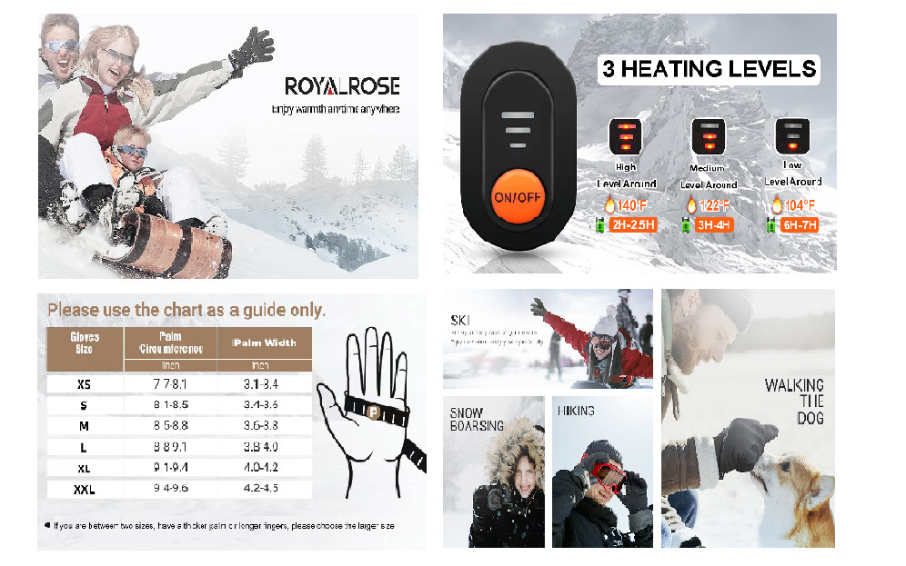 Royalrose Heated Gloves Liners for Men/Women Rechargeable Waterproof Size Med.