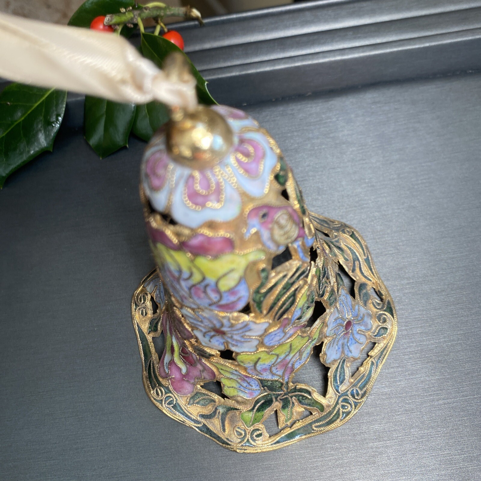 Vintage Bell Cloisonne Enamel Estate Pre-Owned Hand Crafted Bird Flower Pierced