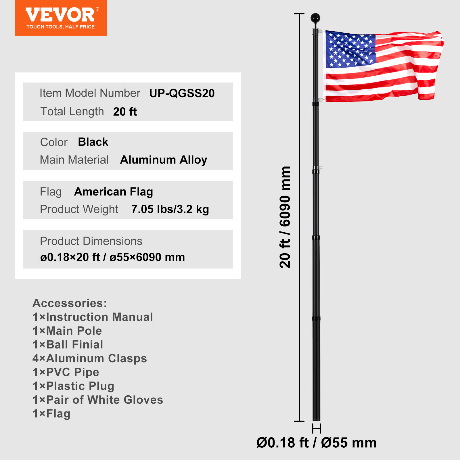 VEVOR 20FT Telescopic Flagpole Kit Heavy Duty Aluminum Flag Pole American Black
