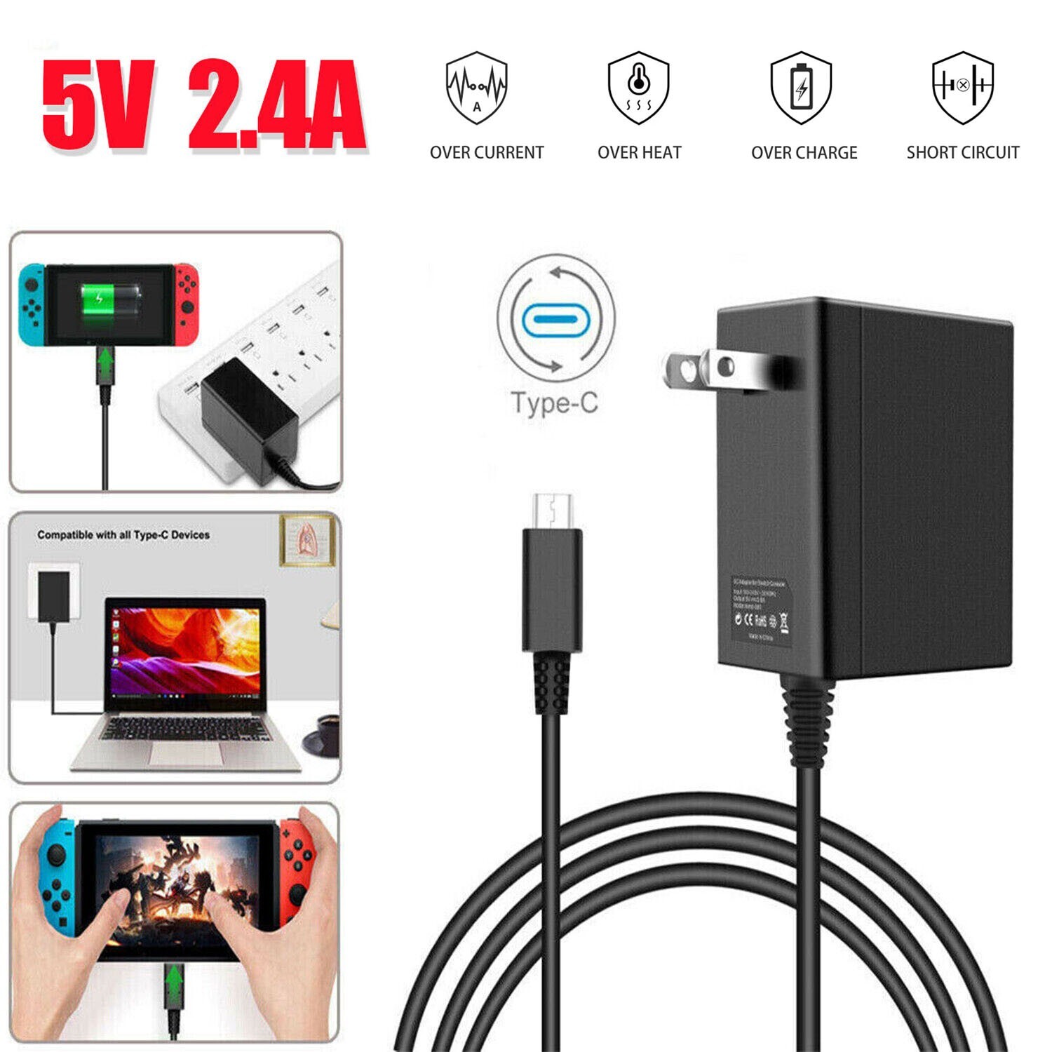 AC Adapter Power Supply for Nintendo Switch Wall & Travel Charger Plug Cord