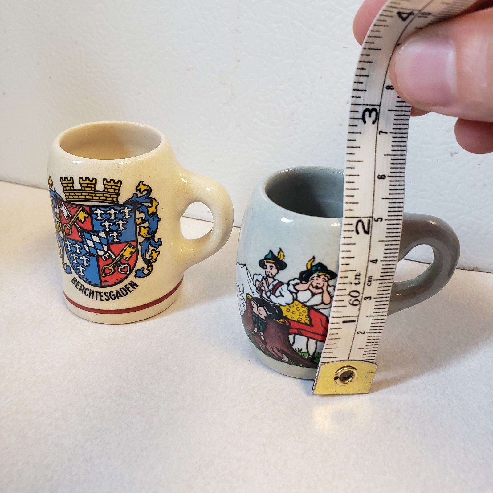 2 VINTAGE West Germany CERAMIC SMALL MINI BEER STEIN MUG SHOT Tiny Stines 2"