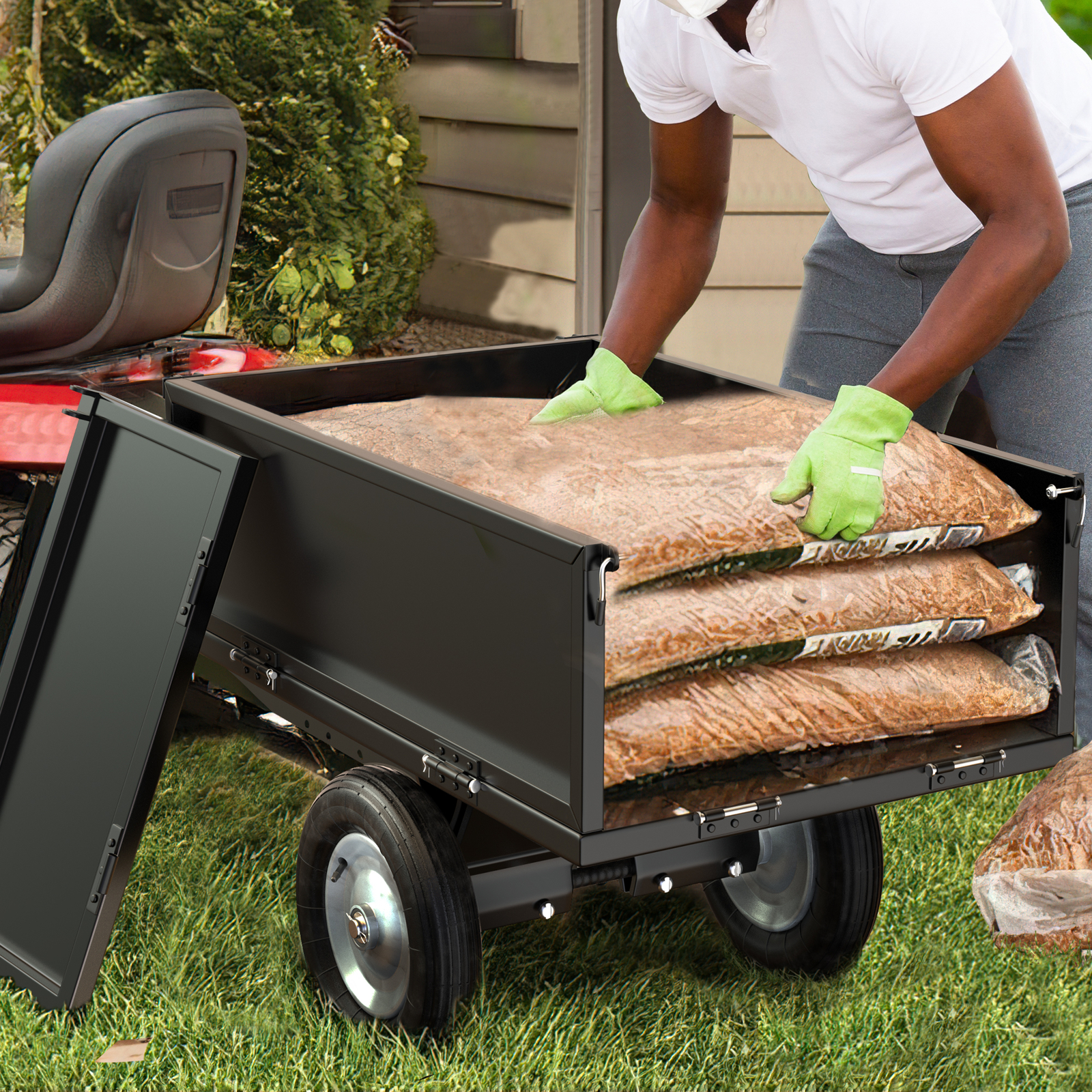 Steel Dump Cart Tow Behind Lawn Dump Cart for Lawn Tractor 500LBS Black