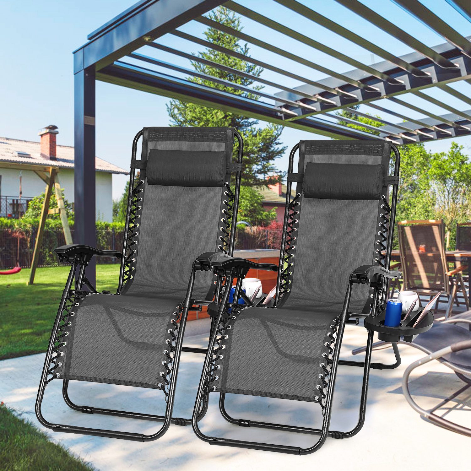 2 Sets Gravity Chairs Folding Patio Lounge Beach Outdoor Recliner with Side Tray