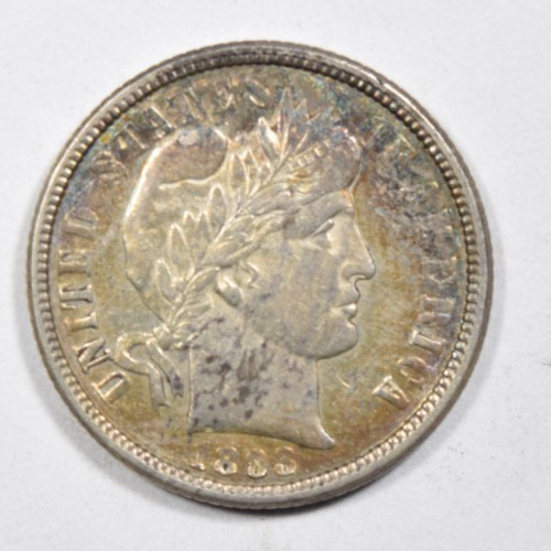 1893-O BARBER DIME ~ NICE BLUE/GOLD RIM TONE ! AU/BU ABOUT UNCIRCULATED SLIDER!