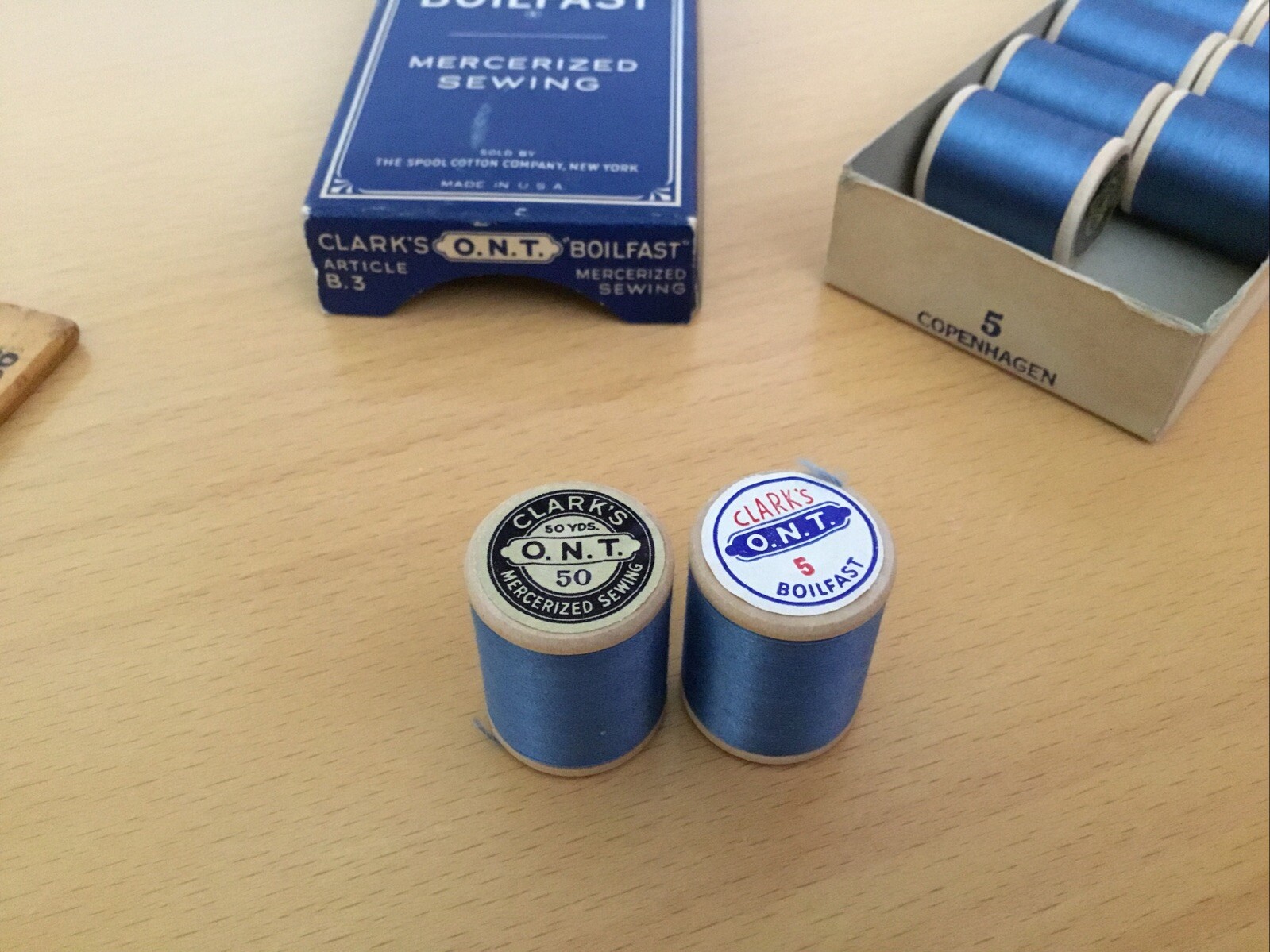 Clark's O.N.T. Boilfast Mercerized Sewing Thread Original Box 11 Wood Spools