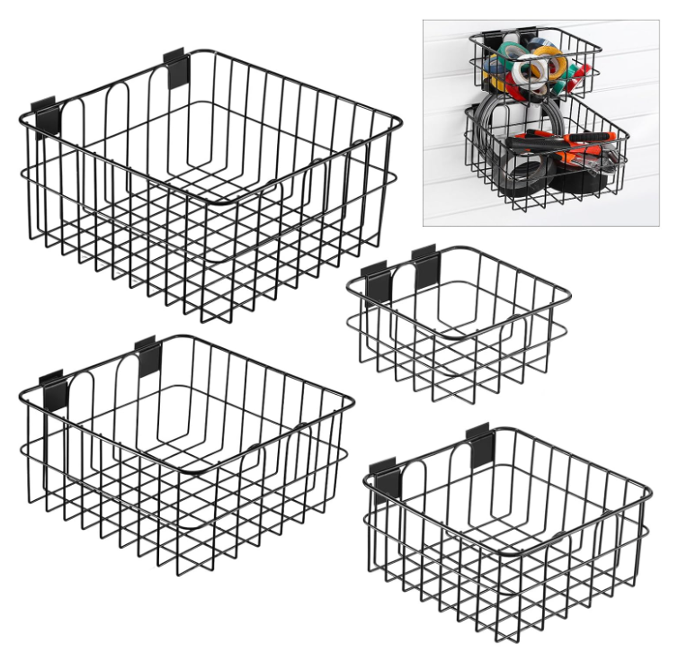 4 PACK! Assorted Heavy Duty Slatwall Baskets, Black Vinyl Coated Steel Storage