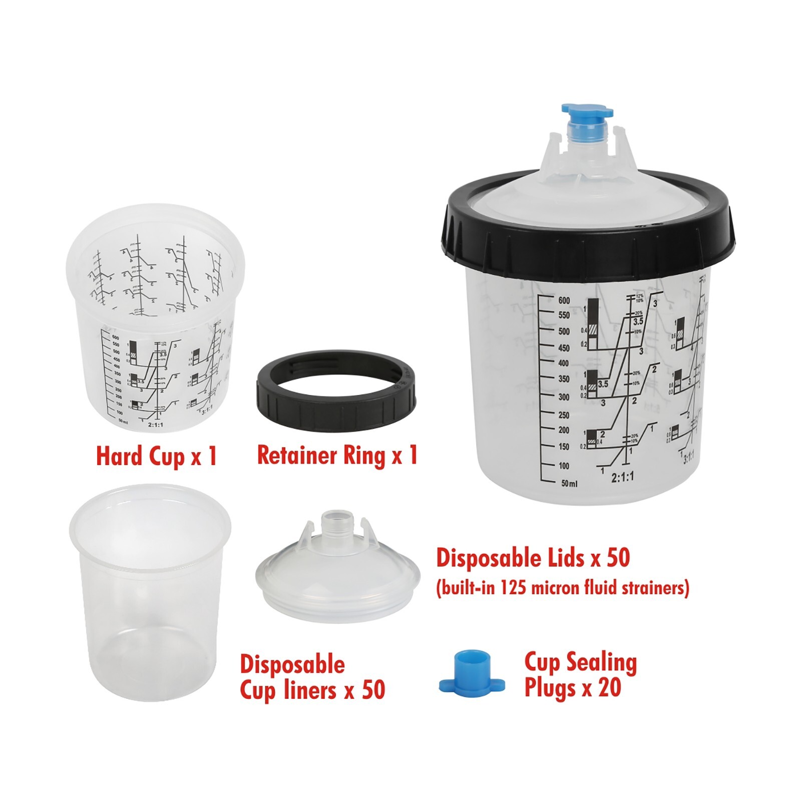 50 Pack 20 Ounce Disposable Paint Spray Gun Cup Kit w/ Cup Liners &Sealing Plugs