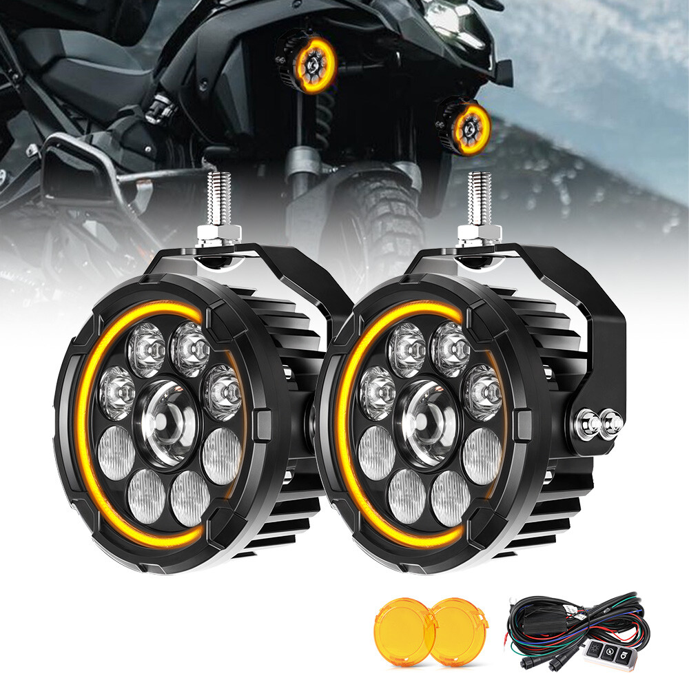 Pair Motorcycle LED Headlight Amber White Auxiliary Spot Lights Driving Fog Lamp