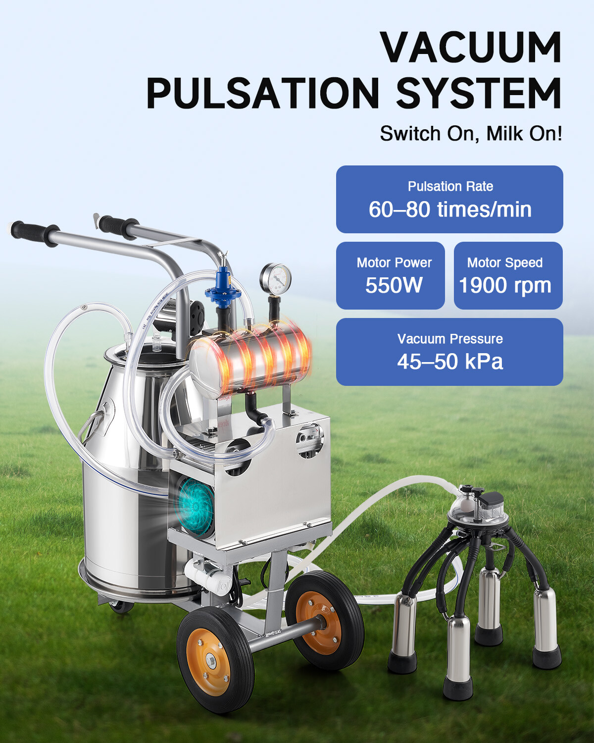 CREWORKS Electric Milking Machine Cow Milking Equipment 25L 304 Stainless Steel