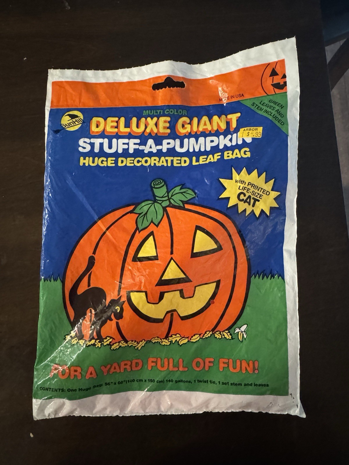 Vintage Halloween Sun Hill 1992 Deluxe Giant Stuff-A-Pumpkin Leaf Bag Sealed