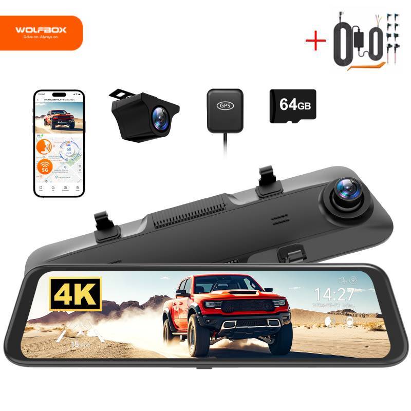 WOLFBOX G850 PRO 4K Mirror Dash Cam with ADAS & BSD, 5.8GHz WiFi Voice Control