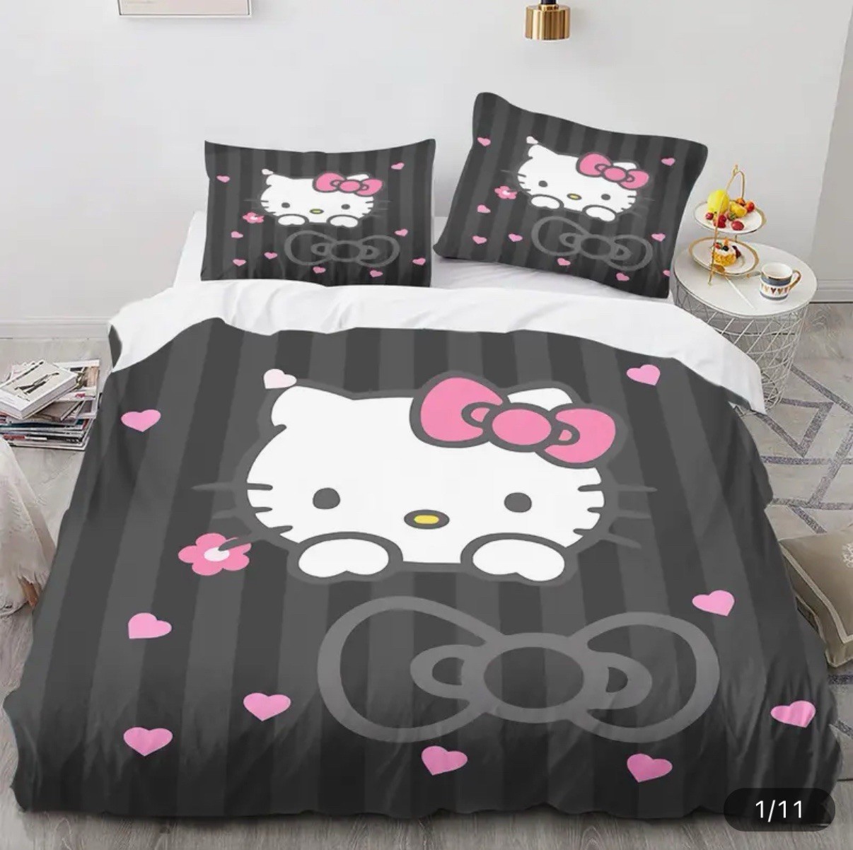 Hello Kitty Bedding Set Black Sanrio Kawaii New Single Duvet Cover Pillowcases