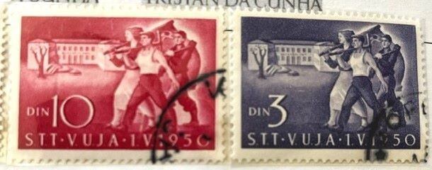 1950 TRIESTE ZONE B #21-22 USED LABOR DAY, WORKERS & FLAG No Hing Marks OB