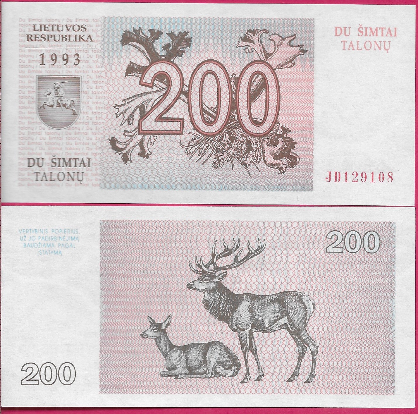 LITHUANIA 200 TALONU 1993 UNC JD,TWO RED DEER,VALUE WITH BRANCHES AT CENTER AND
