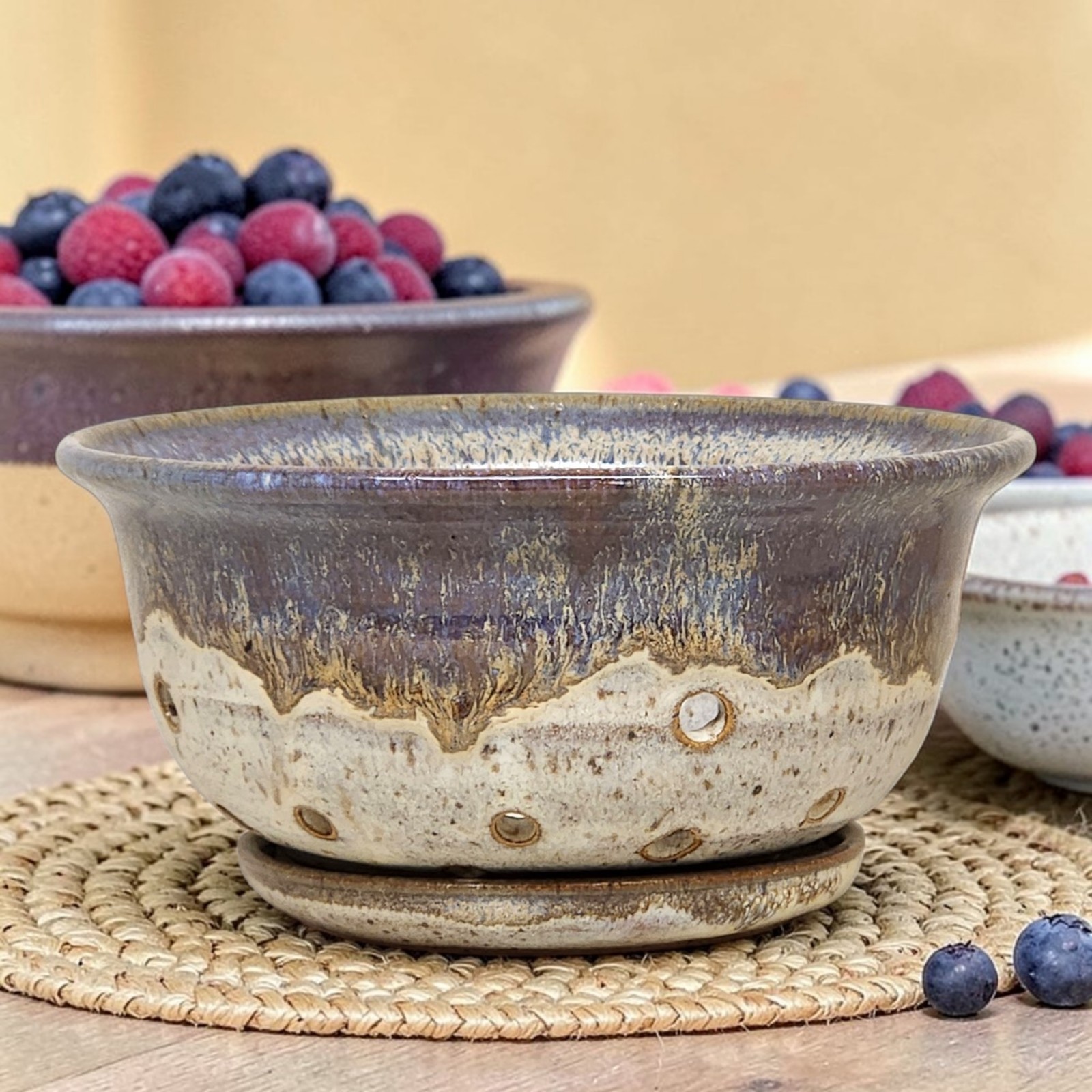 Studio Art Pottery Stoneware Berry Colander Strainer Bowl Underplate Signed
