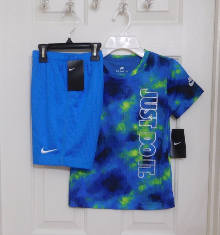 NWT 2pc Nike Blue Green Black Gray Logo Shirt & Blue Shorts Set sz 7