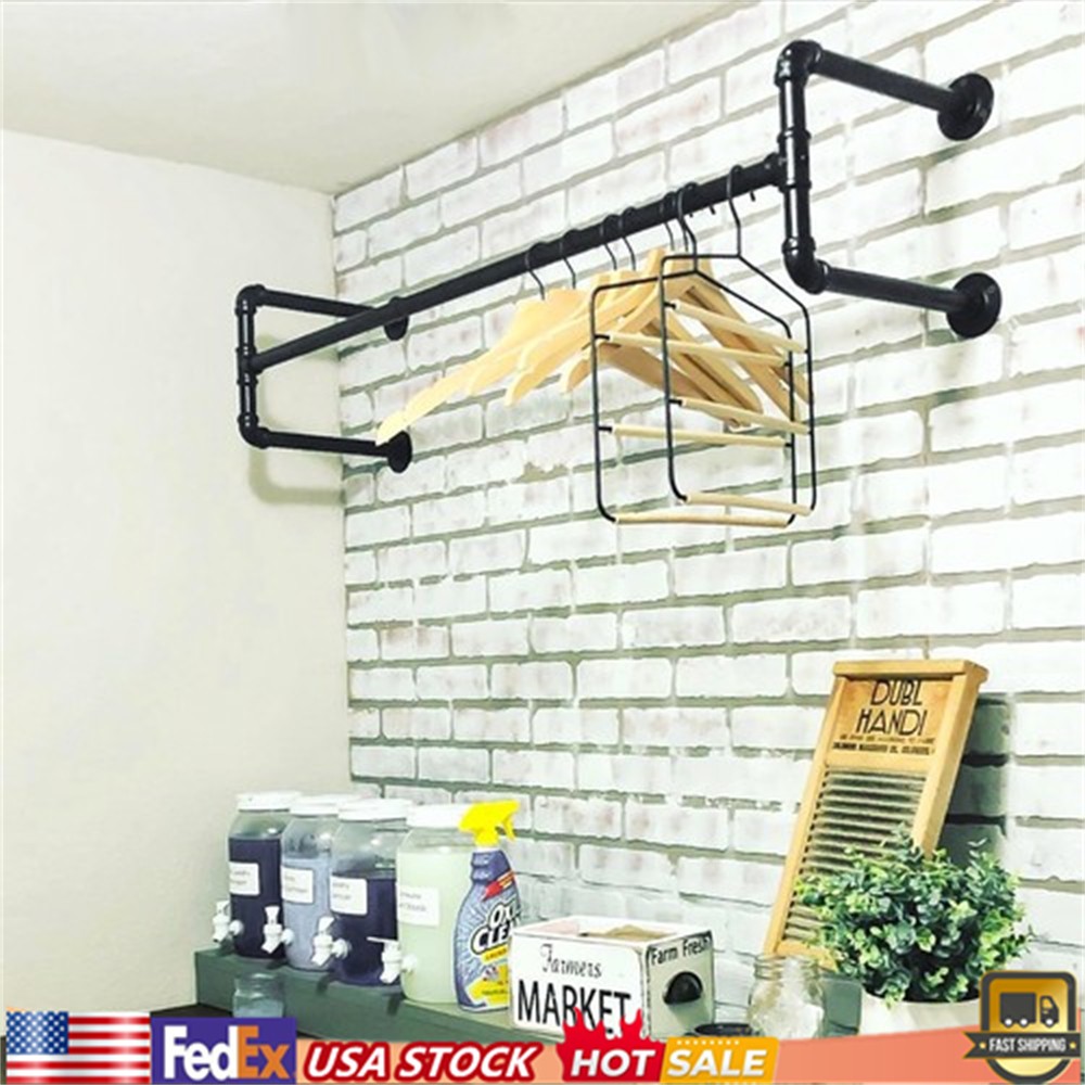 Industrial Pipe Clothing Rack Metal Closet Organizer Wall Mounted Garment Rod US
