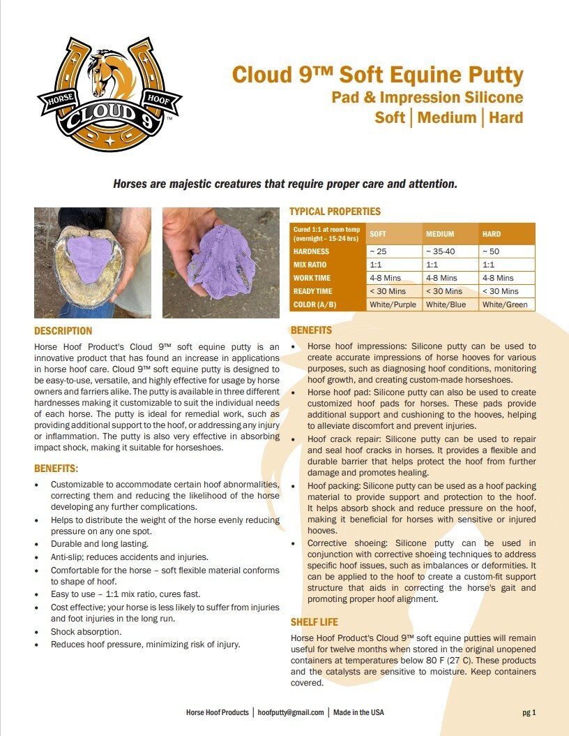 Cloud 9 Horse Hoof Silicone Putty, Medium Hardness, 3lb Pad & Impression
