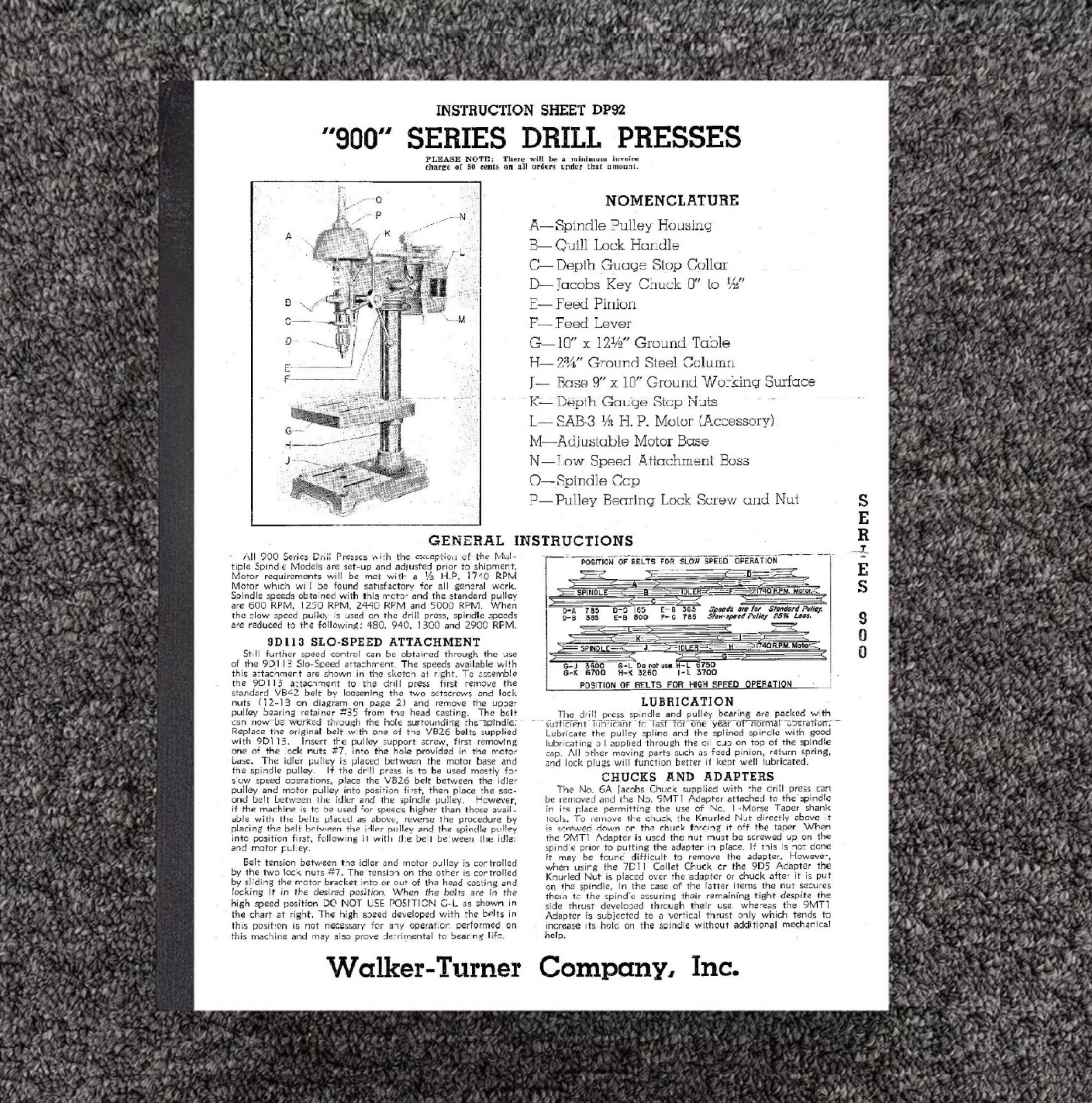 Operator Instruction & Parts Manual Fits WALKER TURNER 900 Series Drill Press