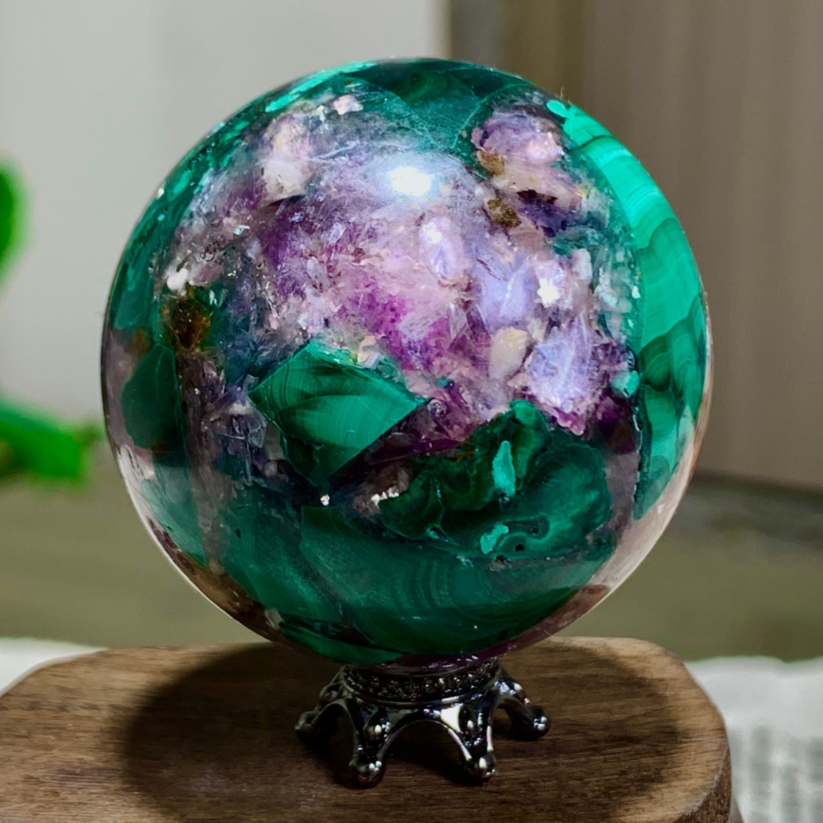 108G Newly discovered rare malachite purple mica symbiotic sphere restoration