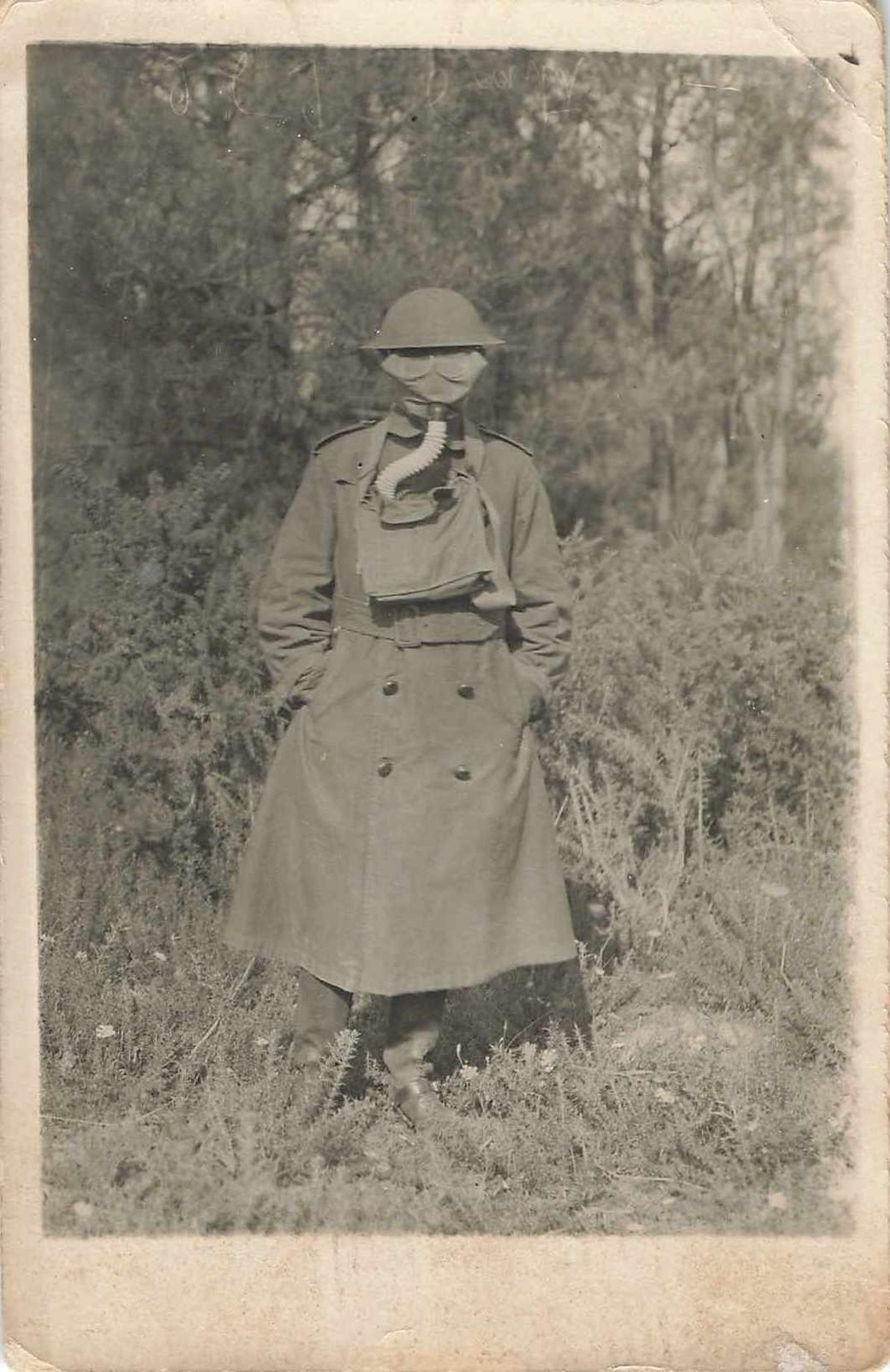 WWI RPPC Soldier Gas Mask Camp de Coëtquidan France Training Photo Postcard US
