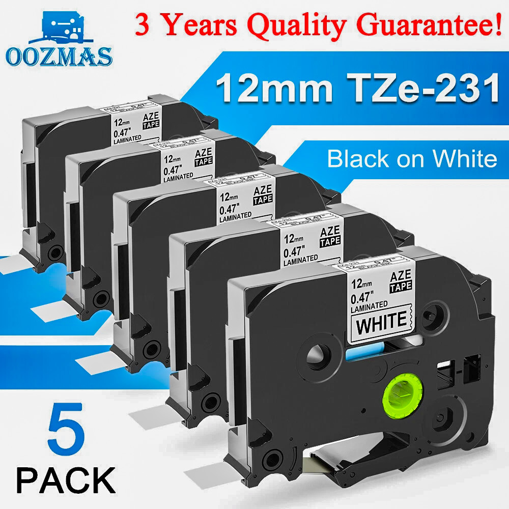 5PK For Brother P-Touch TZe-231 TZ-231 12mm White Standard Laminated Label Tape