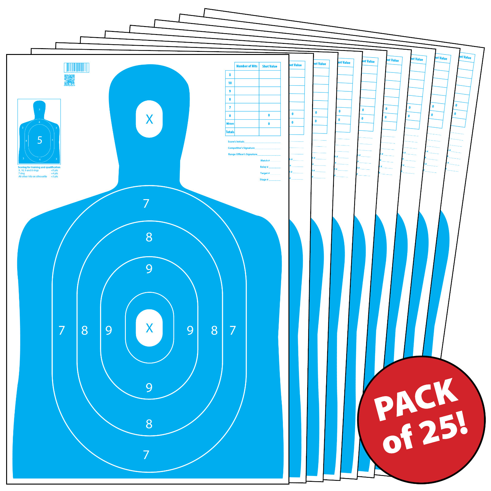 25 Paper Shooting Targets Gun Range Pistol Rifle Handgun Blue Silhouette 23x35