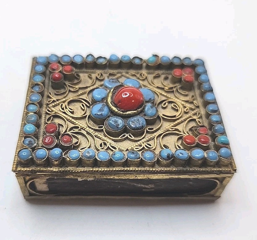 VTG Tibetan Chinese Brass Filigree Matchbox Holder with Turquoise and Red Coral