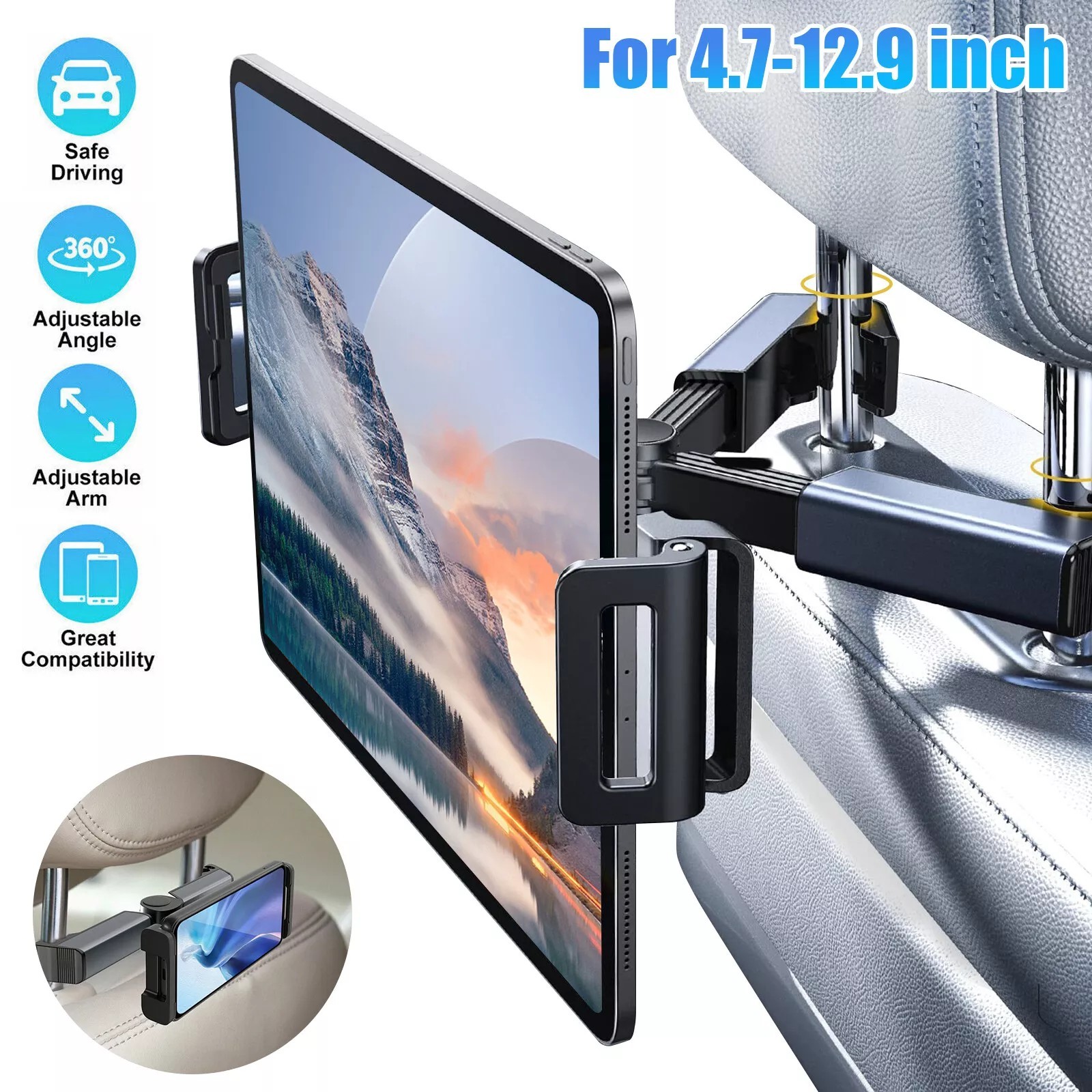 Tablet Holder 360° Car Back Seat Headrest Mount for 4.7-12.9" iPad Phone Samsung