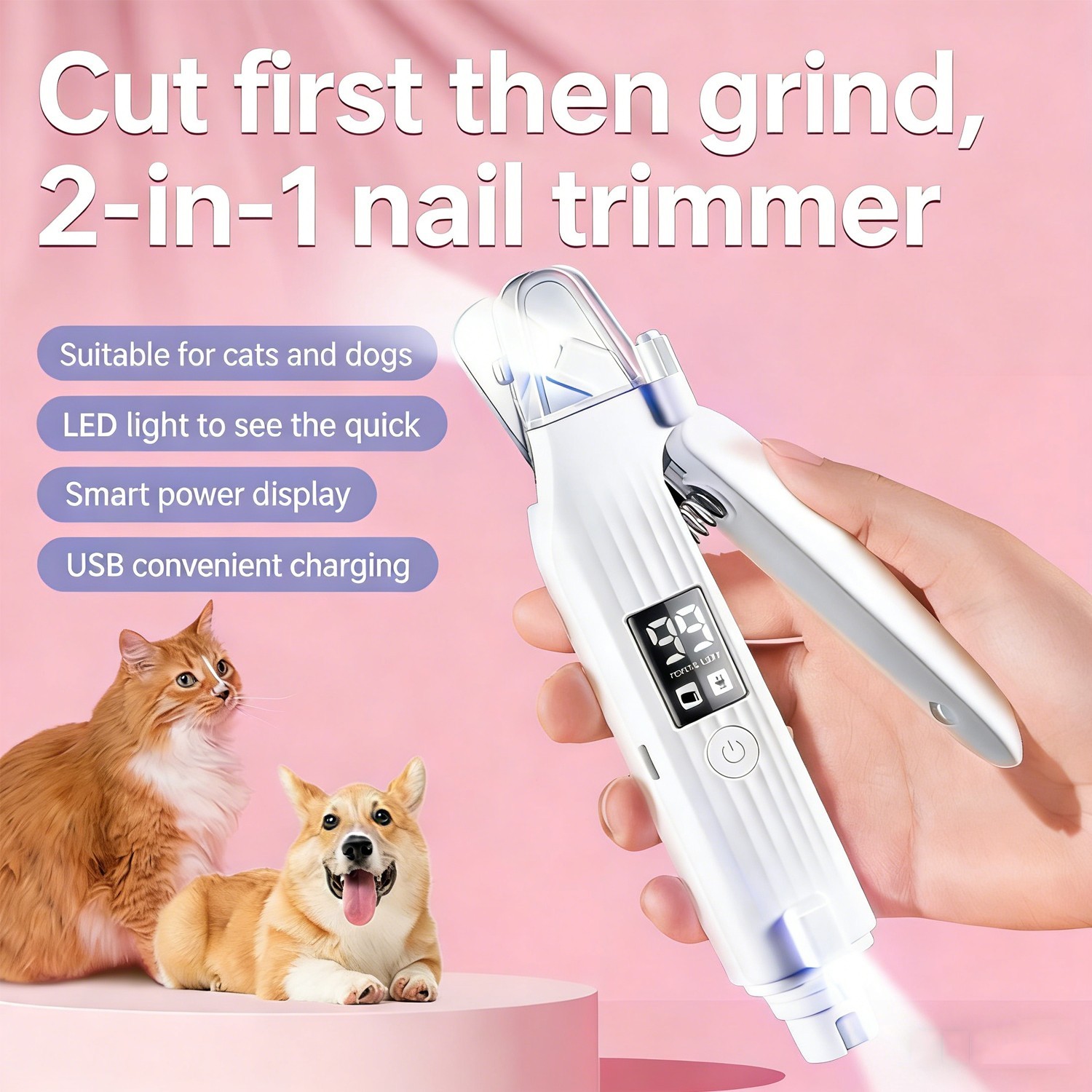 2-in-1 Dog Cat Nail Clippers Grinder with Light, USB Trimmers for L/M/S Pet Claw