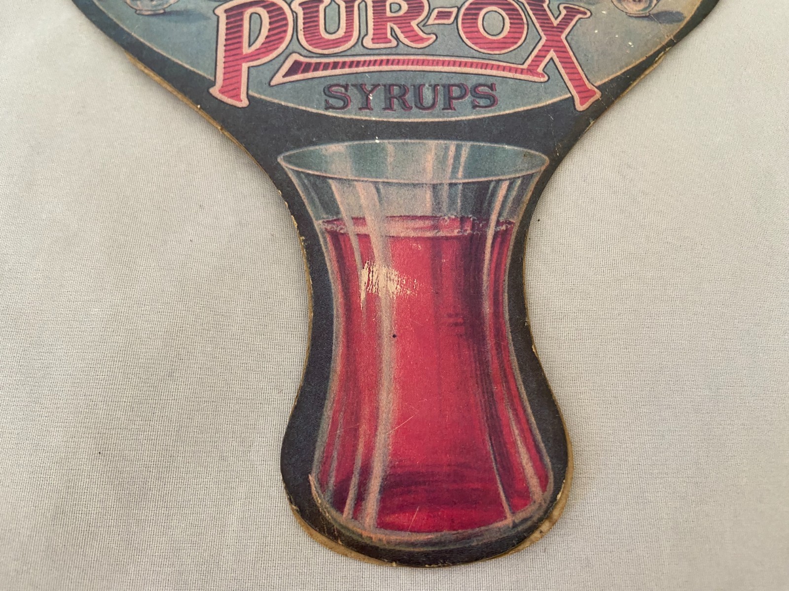 Vintage Advertising Die Cut PUR-OX SYRUPS Cardboard Handheld Fan