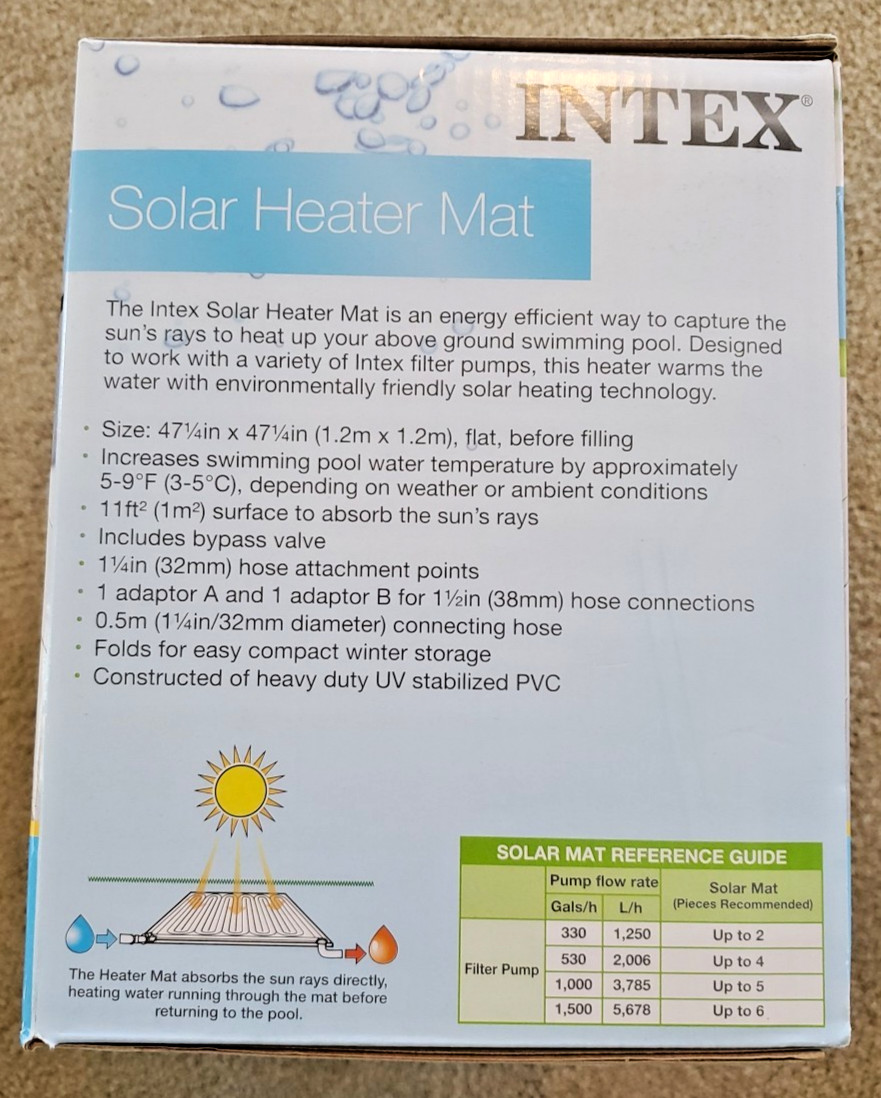 Intex Solar Pool Water Heater Mat 47" x 47" Gallon Above Ground - Black