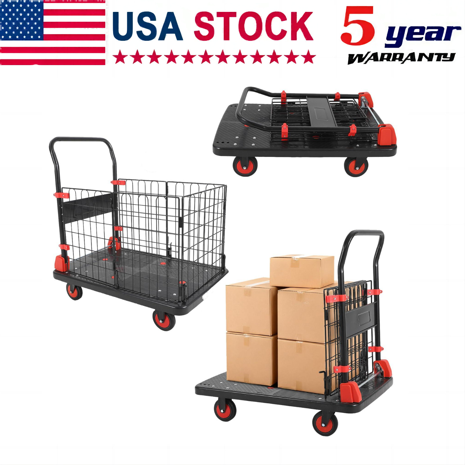 1000Lbs Platform Truck Cart with Cage 2in1 Heavy Duty Push Cart Dolly Foldable