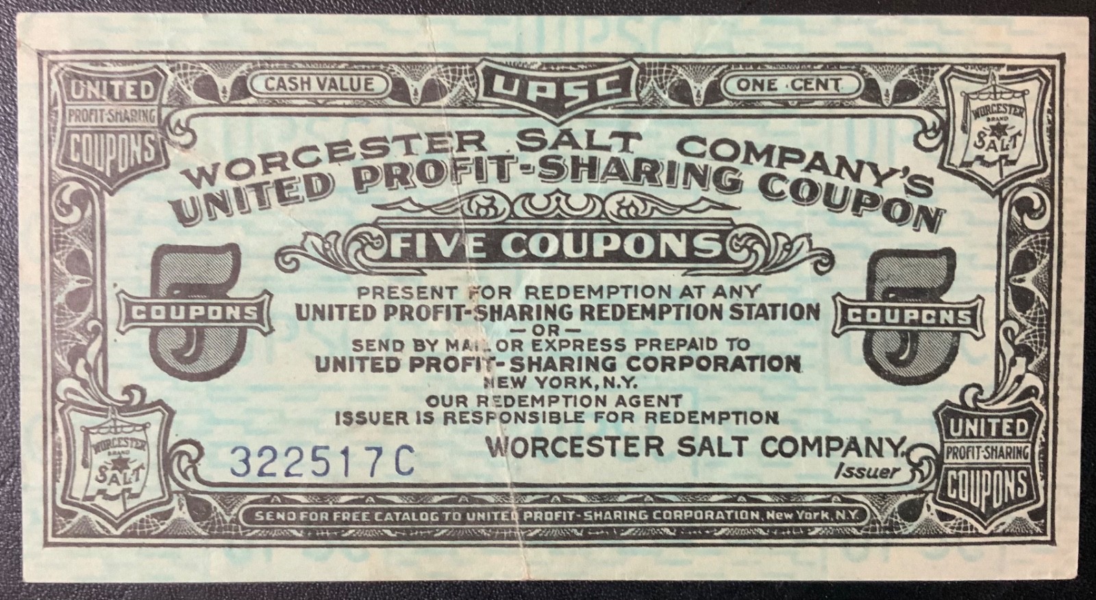 1930’s WORCESTER SALT COMPANY VINTAGE 5 COUPONS!