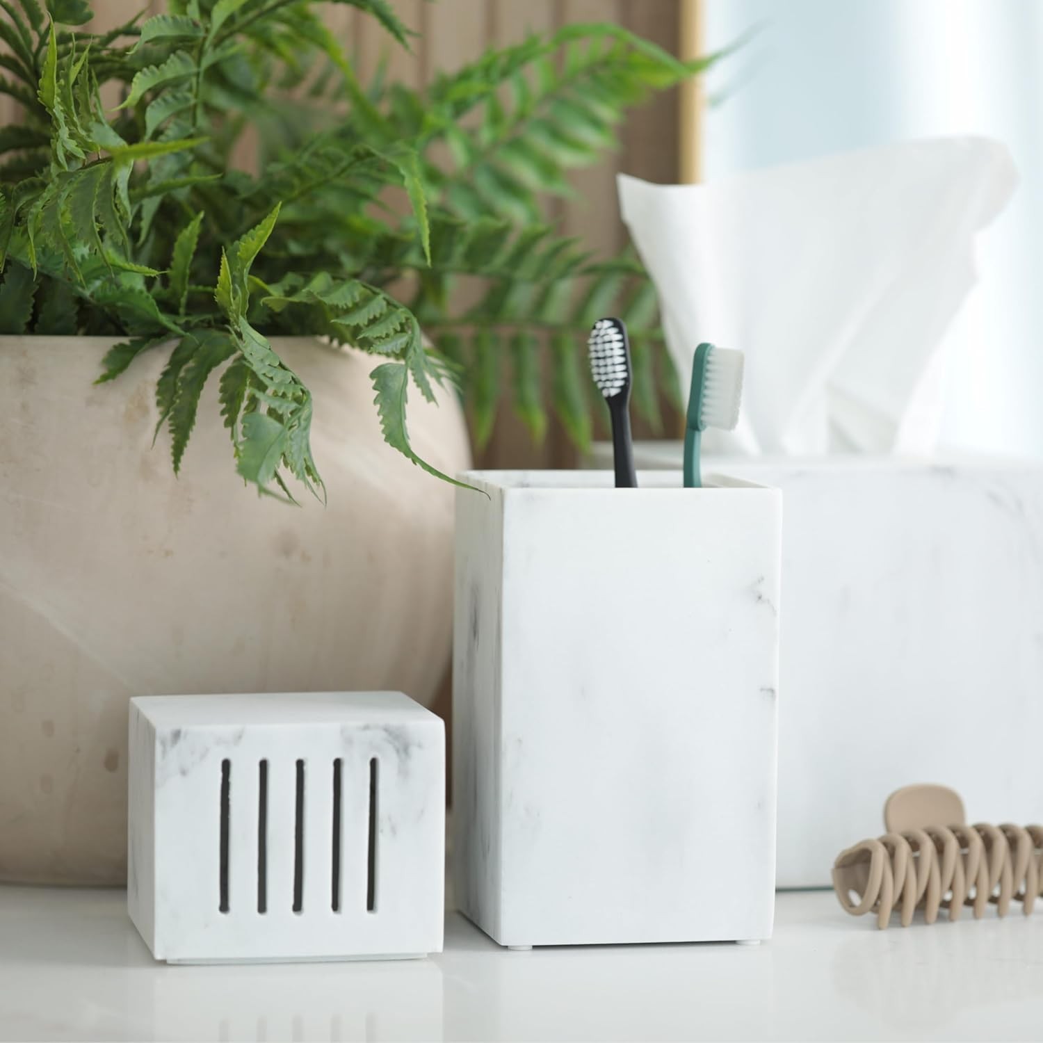 Essentra Home Toothbrush Holder with Lid, Elegant White Marble Bathroom Toothbru