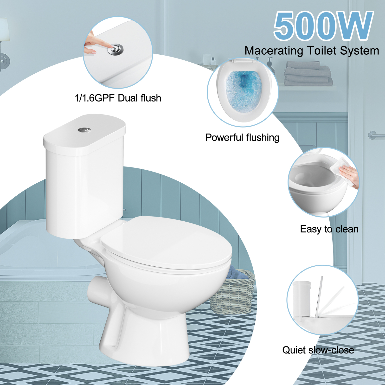 500W Upflush Macerating Toilet System Dual Flush for Basement with 4 Water Inlet