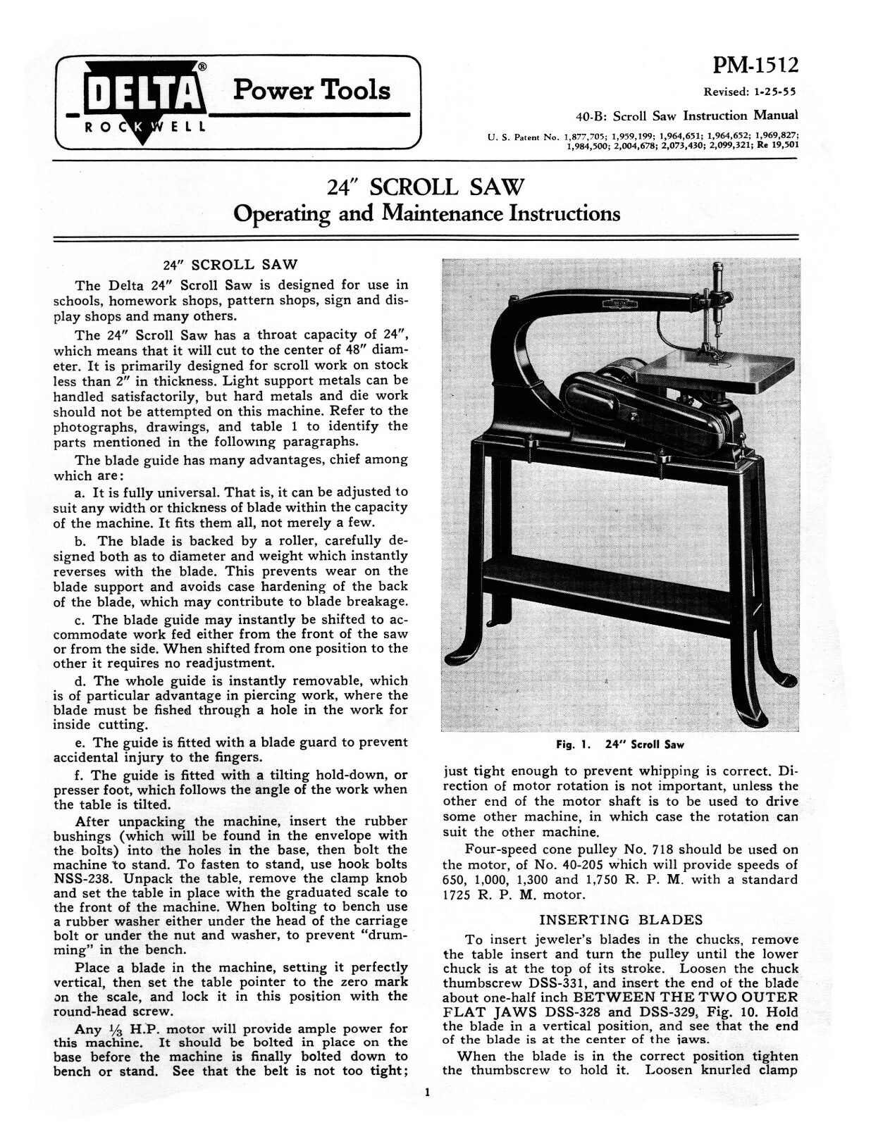 Delta 24" Scroll Saw Older Style Operating, Maintenance & Parts Manual #1954