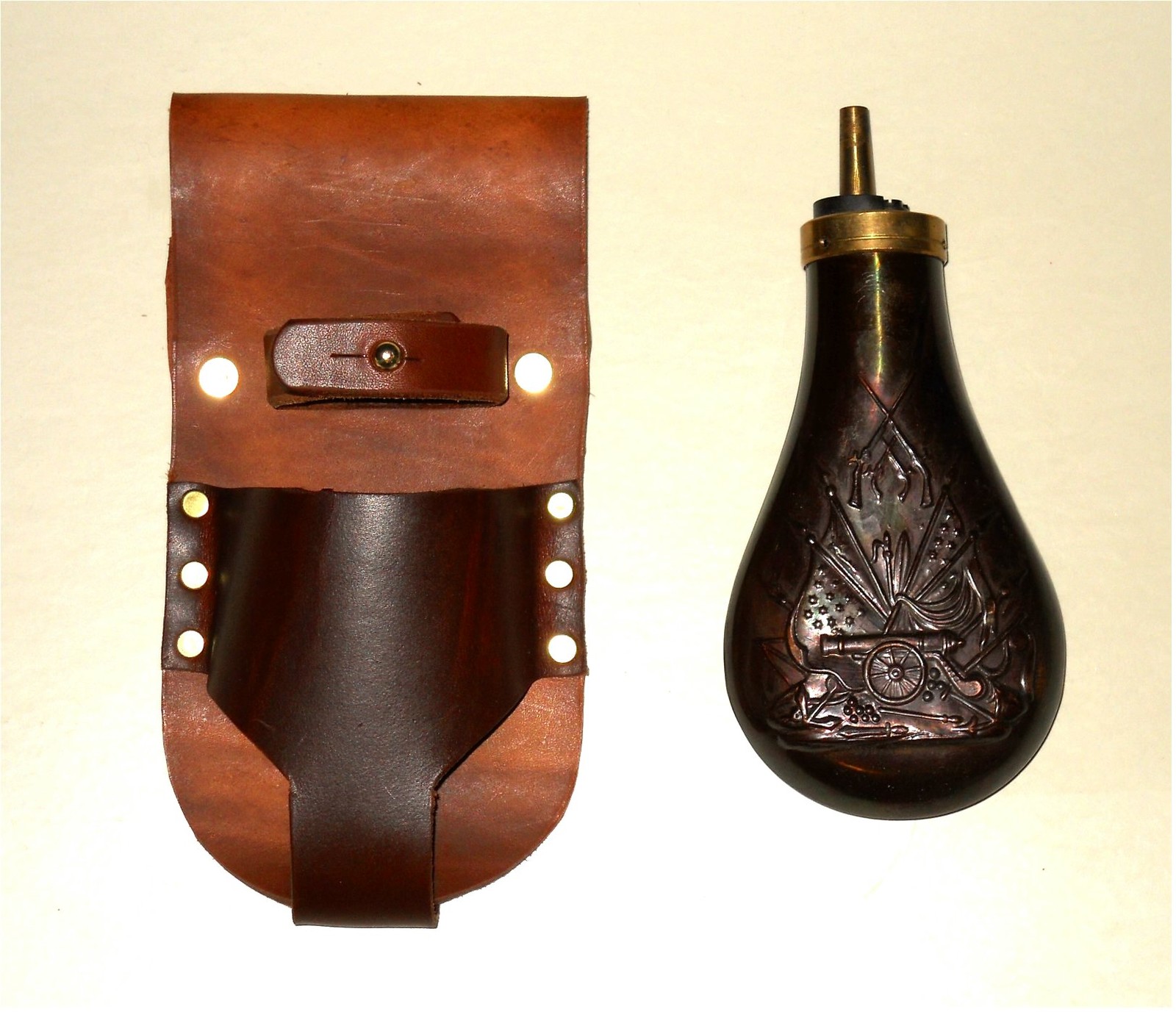 Black Powder Flask Leather Belt Holder  (BP) Pouch, Holster,  Carrier -  BROWN