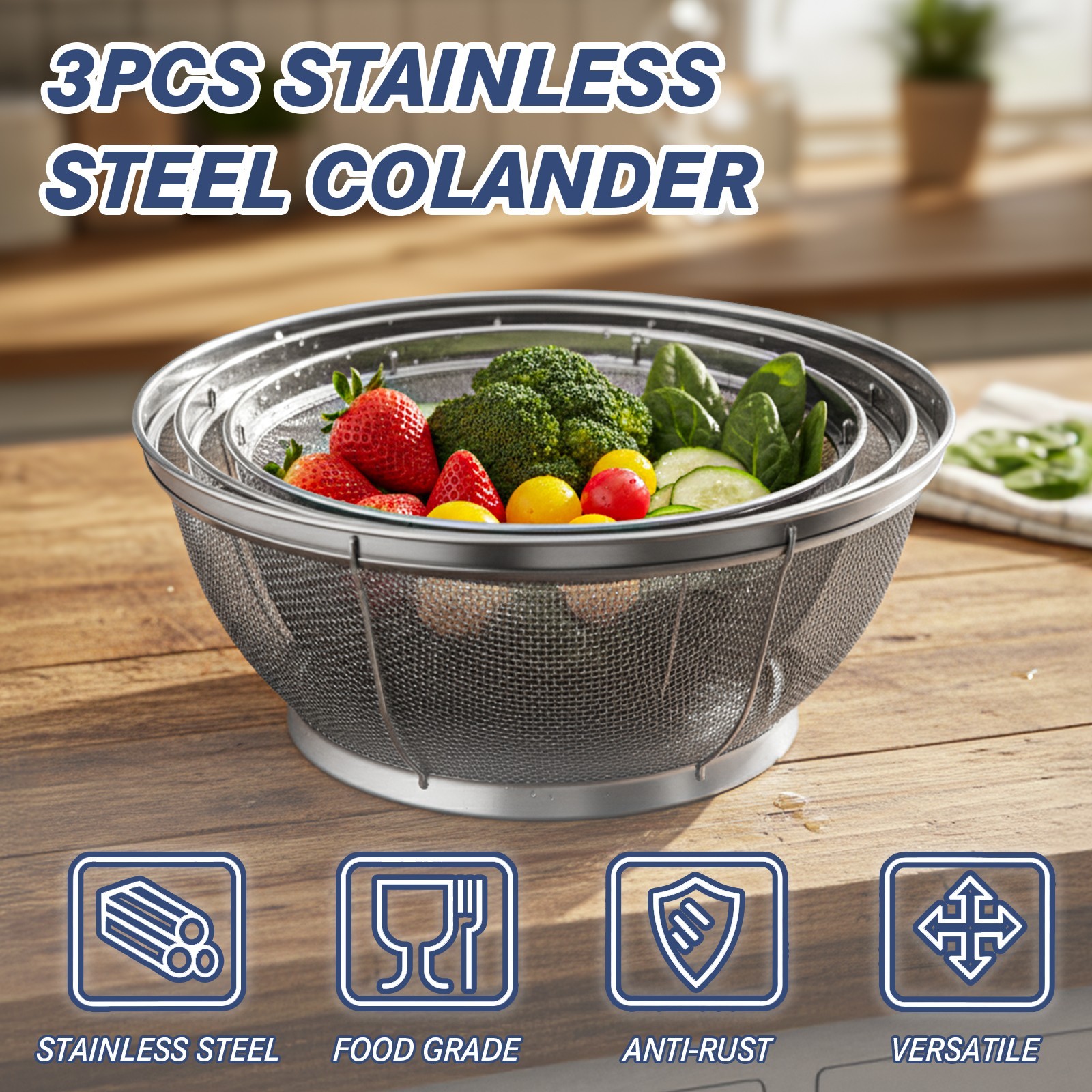 tastyWay 3pc Colander Set Stainless Steel Kitchen Mesh Strainer Net Baskets