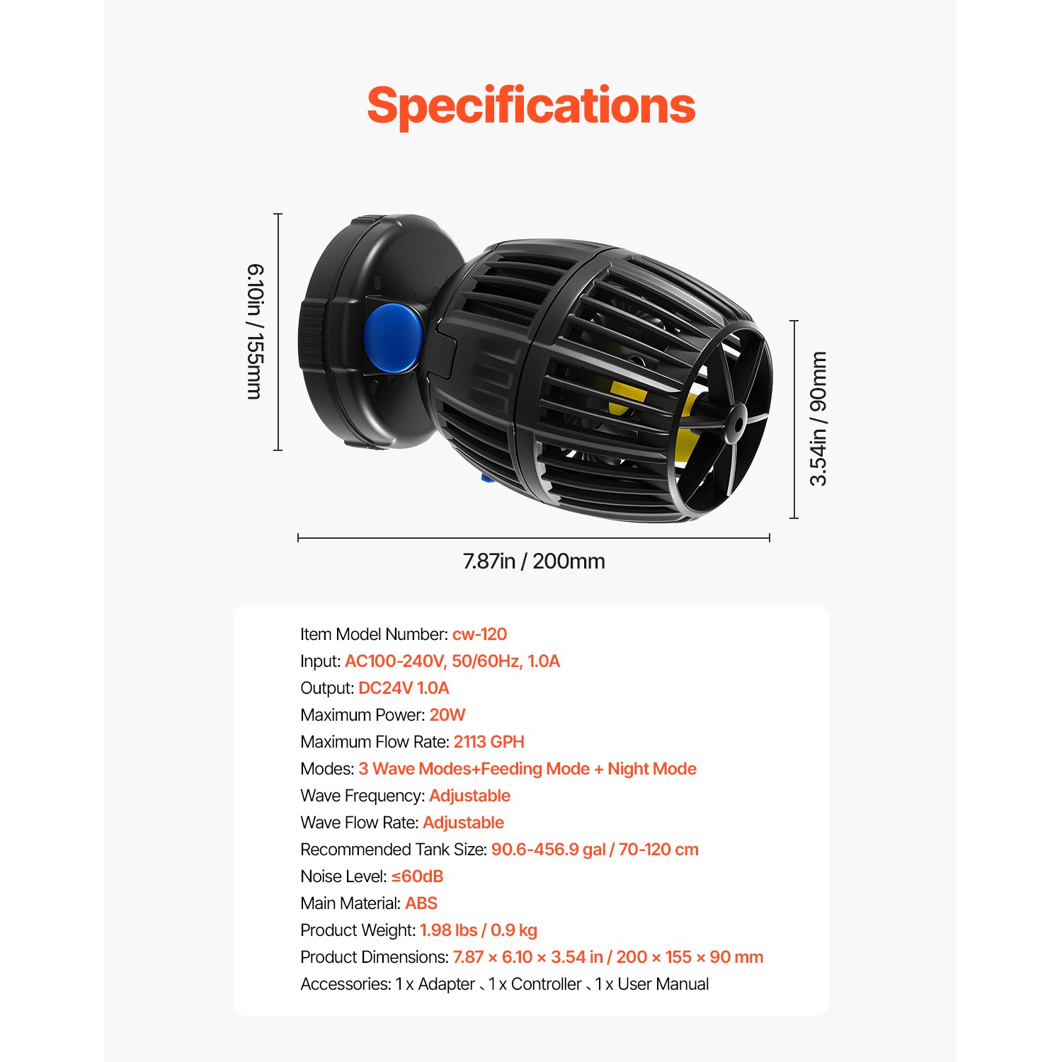 Aquarium Wave Maker with Controller 20W DC 24V Powerhead with Magnetic Base