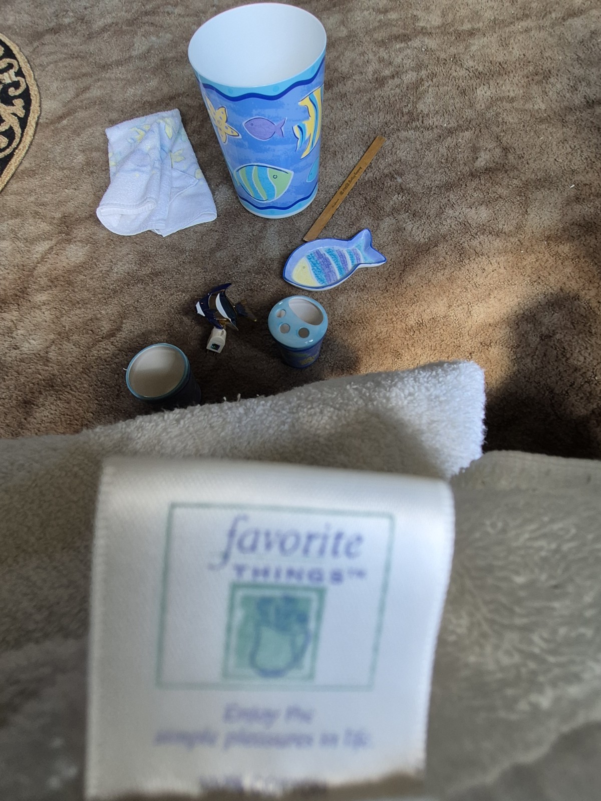 Fish Theme 7pc Bath Bathroom Set Ceramic Soap Dish ToothBrush Hold Cup Trash Can