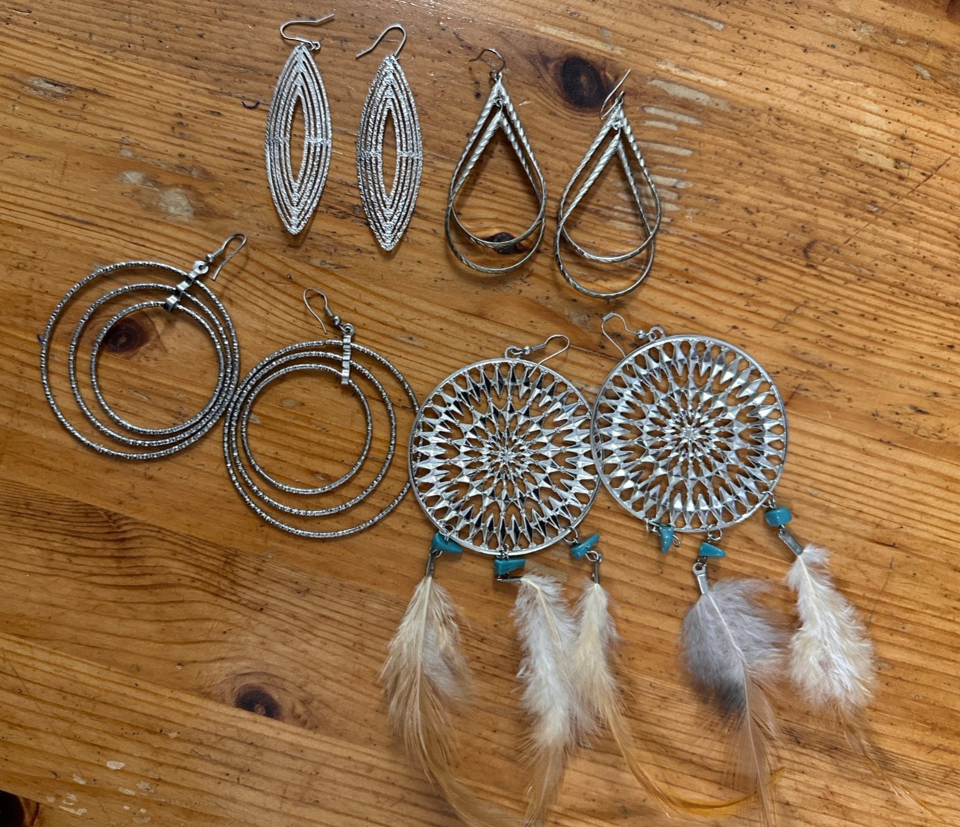 Lot Of 4 Pairs of Silver Tone Dangle Earrings Faux Gem Fantasy