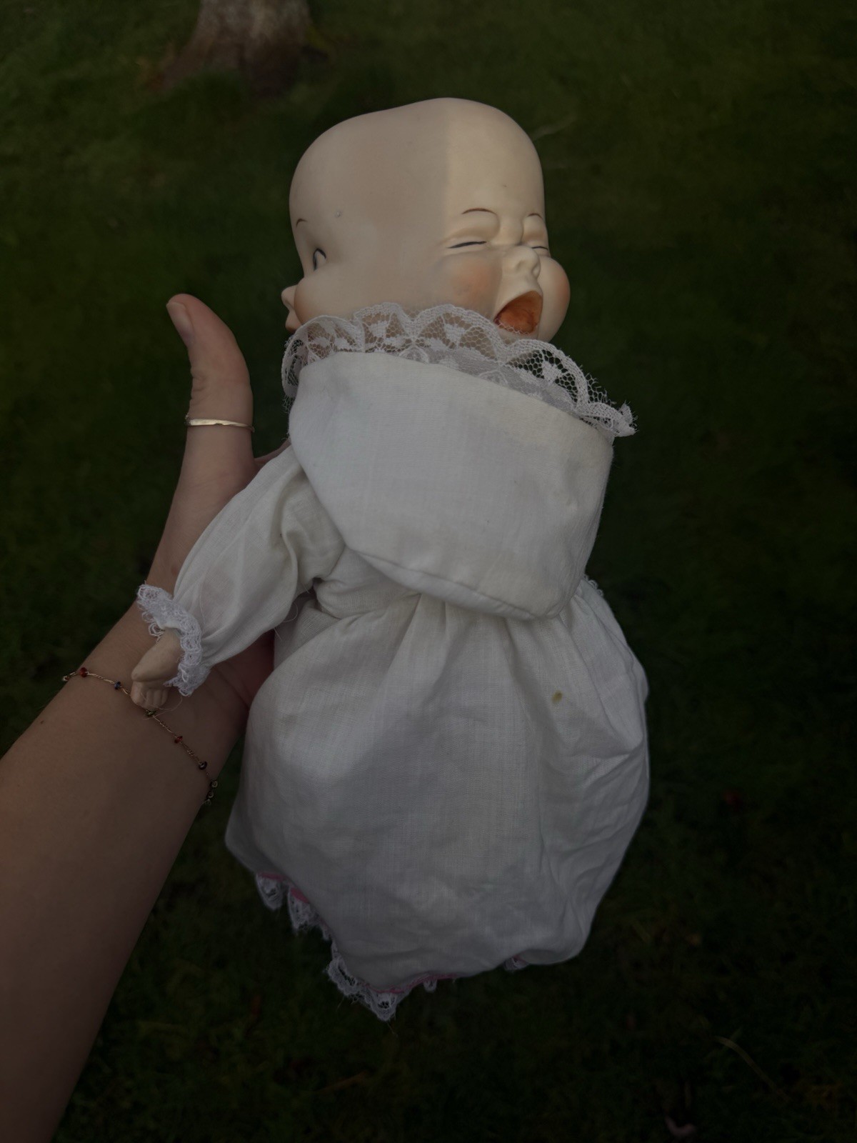 Vintage 13” Three Faced Bisque Porcelain Doll With Bonnet Triple Head Taiwan