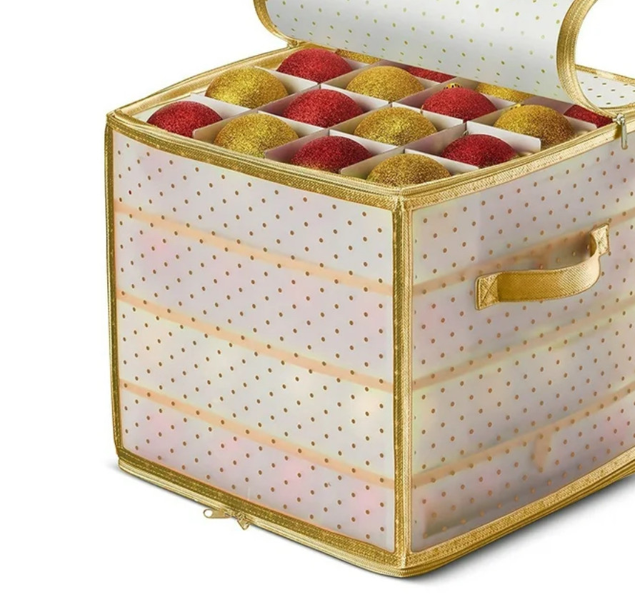 Christmas Ornament Storage Box 2-Sided Dual-Zipper 64 Ornaments (13.5x13") Gold