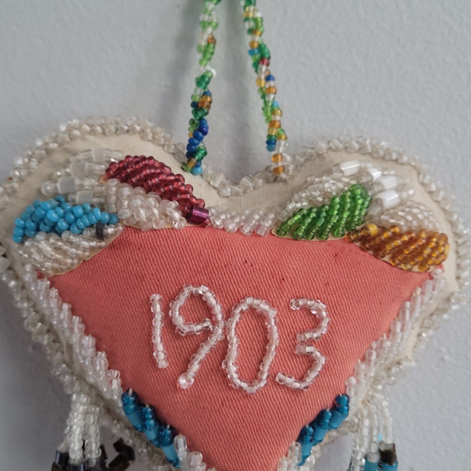 Antique 1903 Native American Beaded Heart Shaped Pillow Iroquis 5.5" x 5"