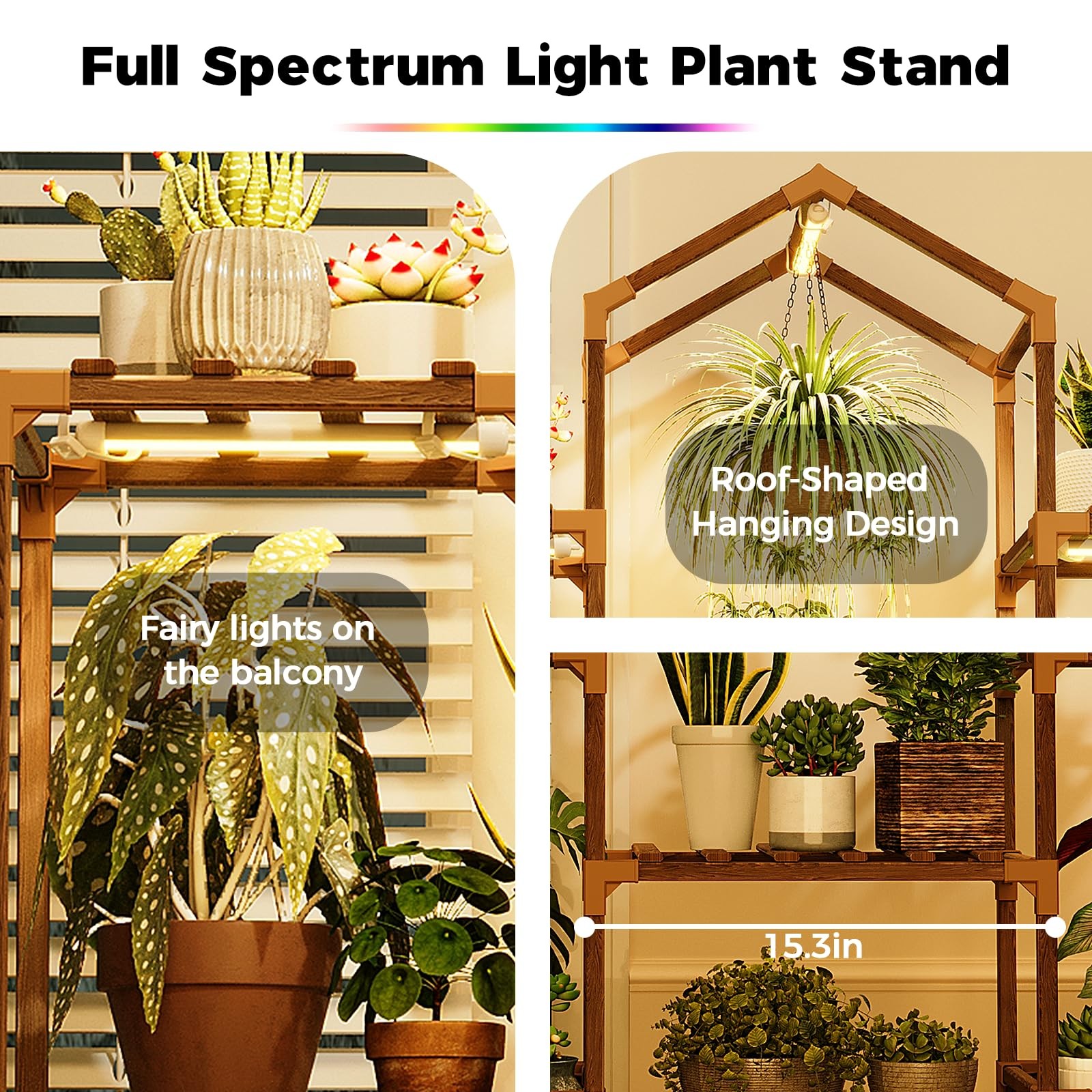 Indoor Plant Stand with Grow Lights Wooden Shelf for Hanging Flower Pots
