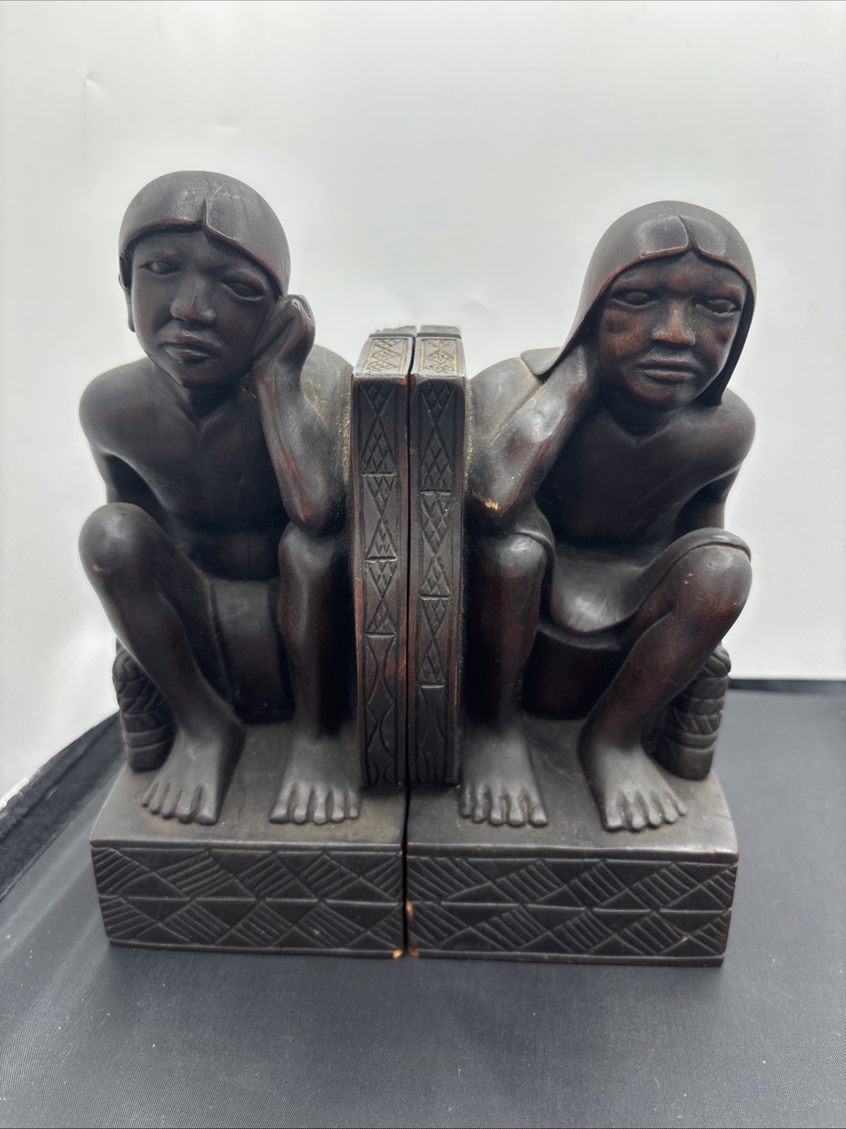 PAIR OF VINTAGE Hand Carved WOOD BOOKENDS FROM- TRIBAL MALE FIGURES