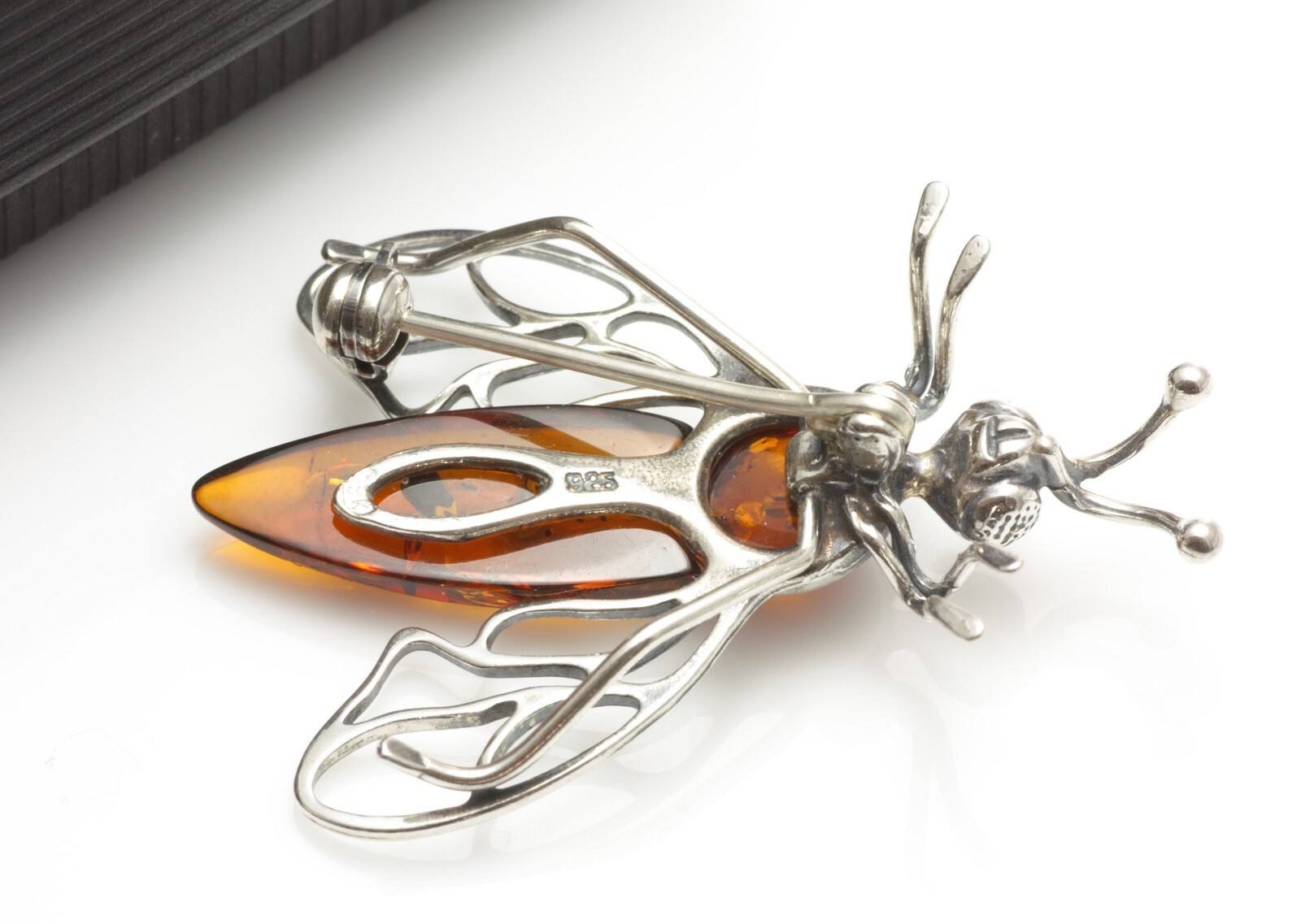 NATURAL BALTIC AMBER STERLING SILVER 925 Bee BROOCH - PIN Jewellery Woman